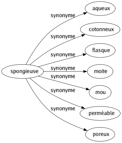 Synonyme de Spongieuse : Aqueux Cotonneux Flasque Moite Mou Perméable Poreux 