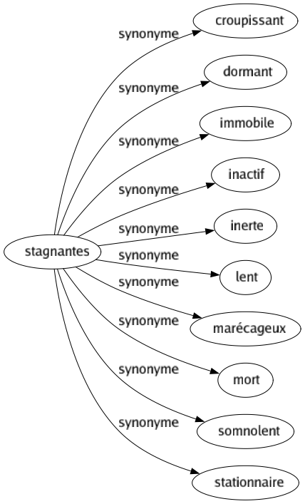 Synonyme de Stagnantes : Croupissant Dormant Immobile Inactif Inerte Lent Marécageux Mort Somnolent Stationnaire 