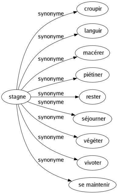 Synonyme de Stagne : Croupir Languir Macérer Piétiner Rester Séjourner Végéter Vivoter Se maintenir 