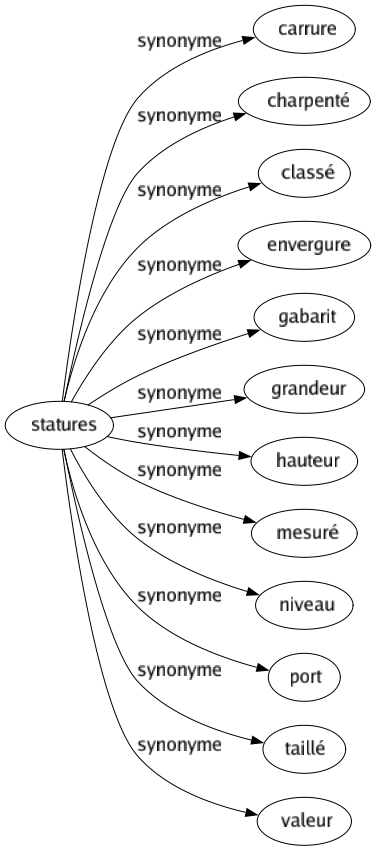 Synonyme de Statures : Carrure Charpenté Classé Envergure Gabarit Grandeur Hauteur Mesuré Niveau Port Taillé Valeur 