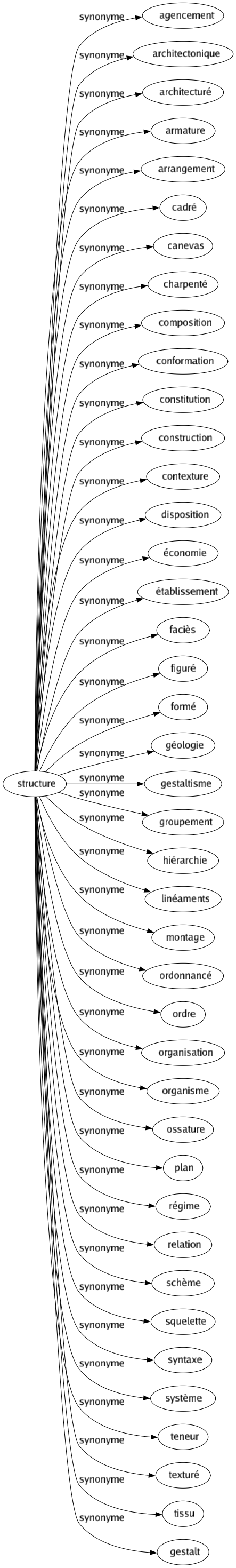 Synonyme de Structure : Agencement Architectonique Architecturé Armature Arrangement Cadré Canevas Charpenté Composition Conformation Constitution Construction Contexture Disposition Économie Établissement Faciès Figuré Formé Géologie Gestaltisme Groupement Hiérarchie Linéaments Montage Ordonnancé Ordre Organisation Organisme Ossature Plan Régime Relation Schème Squelette Syntaxe Système Teneur Texturé Tissu Gestalt 