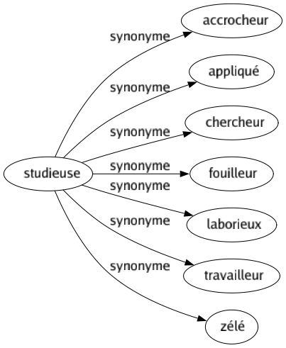 Synonyme de Studieuse : Accrocheur Appliqué Chercheur Fouilleur Laborieux Travailleur Zélé 