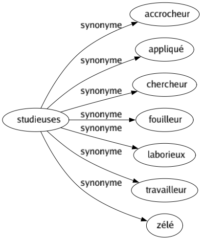 Synonyme de Studieuses : Accrocheur Appliqué Chercheur Fouilleur Laborieux Travailleur Zélé 