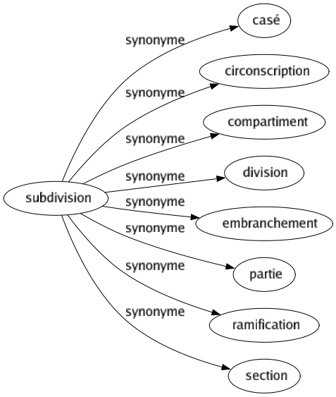 Synonyme de Subdivision : Casé Circonscription Compartiment Division Embranchement Partie Ramification Section 