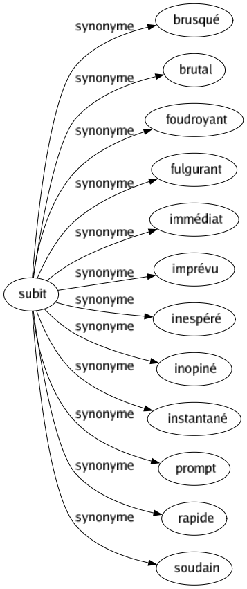 Synonyme de Subit : Brusqué Brutal Foudroyant Fulgurant Immédiat Imprévu Inespéré Inopiné Instantané Prompt Rapide Soudain 