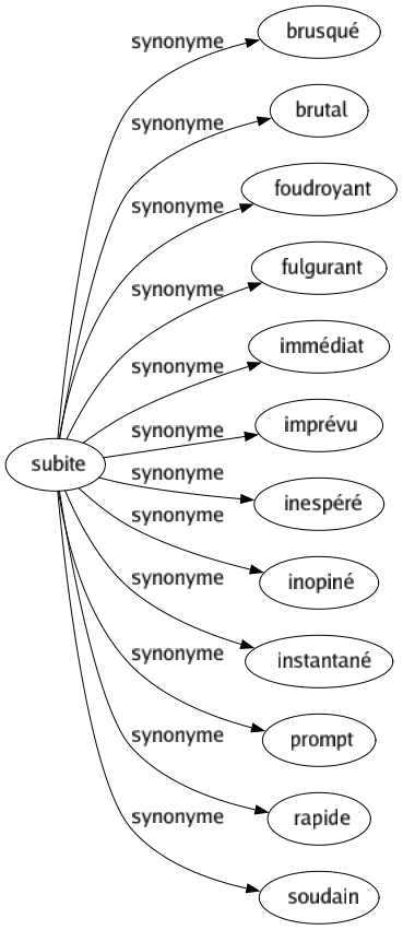 Synonyme de Subite : Brusqué Brutal Foudroyant Fulgurant Immédiat Imprévu Inespéré Inopiné Instantané Prompt Rapide Soudain 