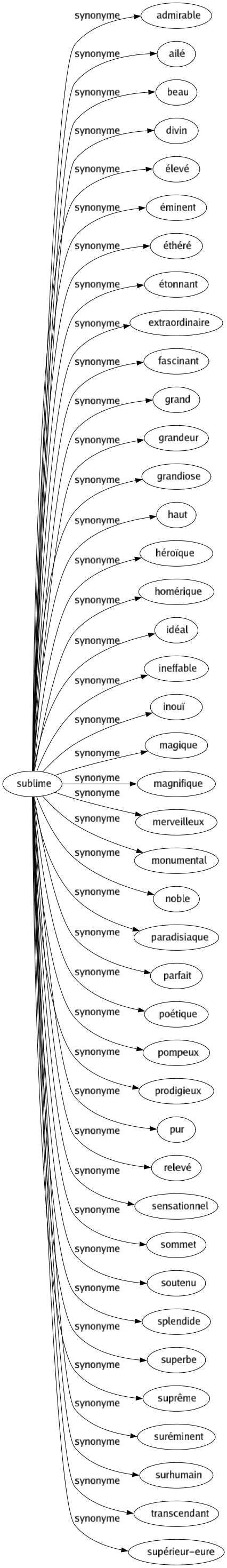 Synonyme de Sublime : Admirable Ailé Beau Divin Élevé Éminent Éthéré Étonnant Extraordinaire Fascinant Grand Grandeur Grandiose Haut Héroïque Homérique Idéal Ineffable Inouï Magique Magnifique Merveilleux Monumental Noble Paradisiaque Parfait Poétique Pompeux Prodigieux Pur Relevé Sensationnel Sommet Soutenu Splendide Superbe Suprême Suréminent Surhumain Transcendant Supérieur-eure 