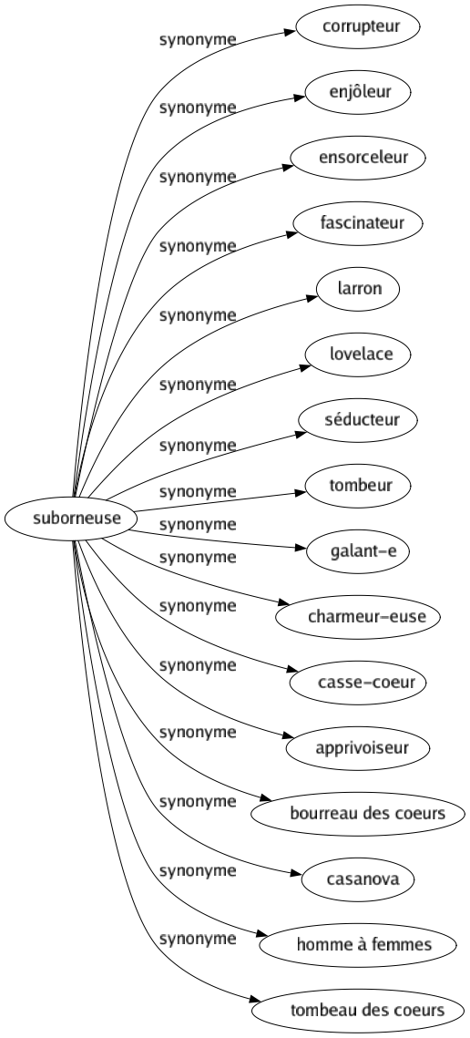 Synonyme de Suborneuse : Corrupteur Enjôleur Ensorceleur Fascinateur Larron Lovelace Séducteur Tombeur Galant-e Charmeur-euse Casse-coeur Apprivoiseur Bourreau des coeurs Casanova Homme à femmes Tombeau des coeurs 