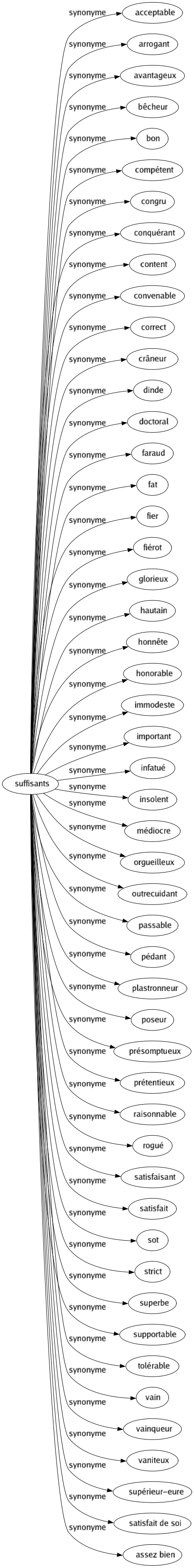 Synonyme de Suffisants : Acceptable Arrogant Avantageux Bêcheur Bon Compétent Congru Conquérant Content Convenable Correct Crâneur Dinde Doctoral Faraud Fat Fier Fiérot Glorieux Hautain Honnête Honorable Immodeste Important Infatué Insolent Médiocre Orgueilleux Outrecuidant Passable Pédant Plastronneur Poseur Présomptueux Prétentieux Raisonnable Rogué Satisfaisant Satisfait Sot Strict Superbe Supportable Tolérable Vain Vainqueur Vaniteux Supérieur-eure Satisfait de soi Assez bien 