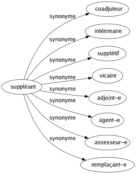 Synonyme de Suppléant : Coadjuteur Intérimaire Supplétif Vicaire Adjoint-e Agent-e Assesseur-e Remplaçant-e 