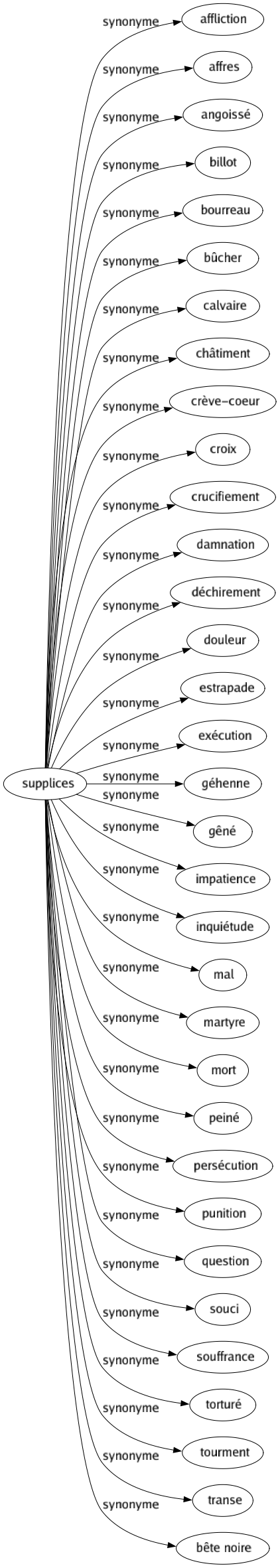 Synonyme de Supplices : Affliction Affres Angoissé Billot Bourreau Bûcher Calvaire Châtiment Crève-coeur Croix Crucifiement Damnation Déchirement Douleur Estrapade Exécution Géhenne Gêné Impatience Inquiétude Mal Martyre Mort Peiné Persécution Punition Question Souci Souffrance Torturé Tourment Transe Bête noire 