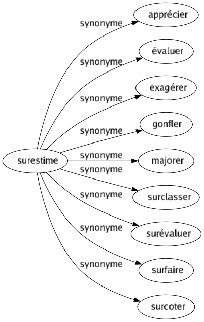 Synonyme de Surestime : Apprécier Évaluer Exagérer Gonfler Majorer Surclasser Surévaluer Surfaire Surcoter 