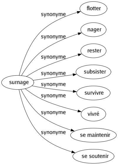 Synonyme de Surnage : Flotter Nager Rester Subsister Survivre Vivré Se maintenir Se soutenir 