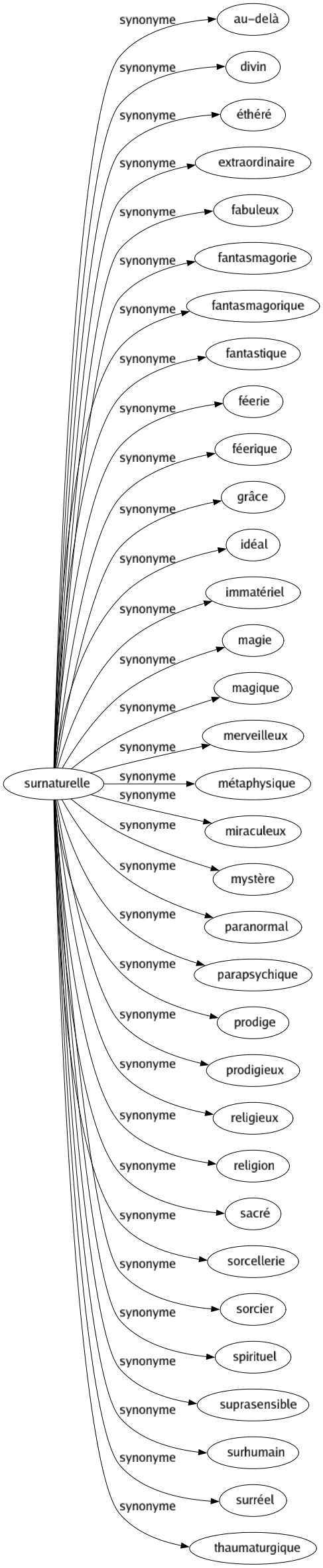 Synonyme de Surnaturelle : Au-delà Divin Éthéré Extraordinaire Fabuleux Fantasmagorie Fantasmagorique Fantastique Féerie Féerique Grâce Idéal Immatériel Magie Magique Merveilleux Métaphysique Miraculeux Mystère Paranormal Parapsychique Prodige Prodigieux Religieux Religion Sacré Sorcellerie Sorcier Spirituel Suprasensible Surhumain Surréel Thaumaturgique 