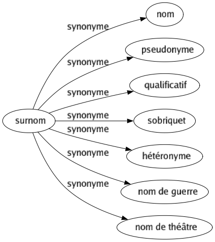 Synonyme de Surnom : Nom Pseudonyme Qualificatif Sobriquet Hétéronyme Nom de guerre Nom de théâtre 