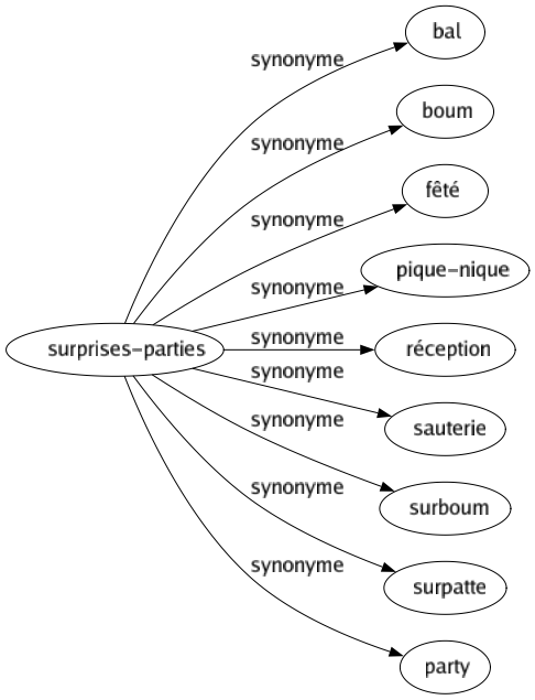 Synonyme de Surprises-parties : Bal Boum Fêté Pique-nique Réception Sauterie Surboum Surpatte Party 