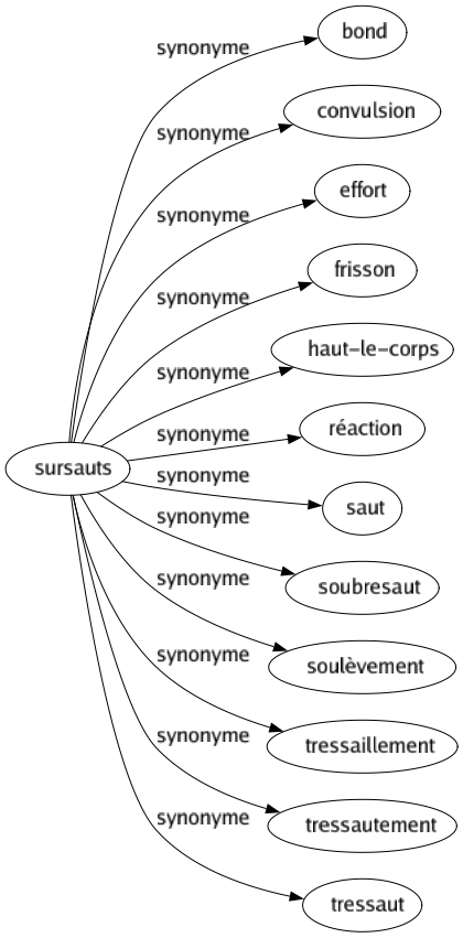 Synonyme de Sursauts : Bond Convulsion Effort Frisson Haut-le-corps Réaction Saut Soubresaut Soulèvement Tressaillement Tressautement Tressaut 