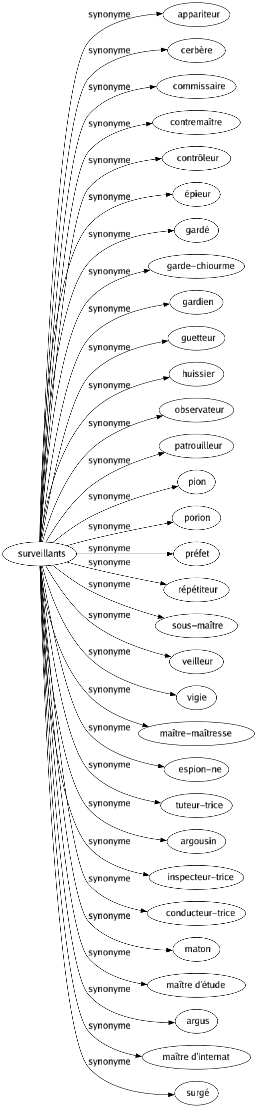 Synonyme de Surveillants : Appariteur Cerbère Commissaire Contremaître Contrôleur Épieur Gardé Garde-chiourme Gardien Guetteur Huissier Observateur Patrouilleur Pion Porion Préfet Répétiteur Sous-maître Veilleur Vigie Maître-maîtresse Espion-ne Tuteur-trice Argousin Inspecteur-trice Conducteur-trice Maton Maître d'étude Argus Maître d'internat Surgé 