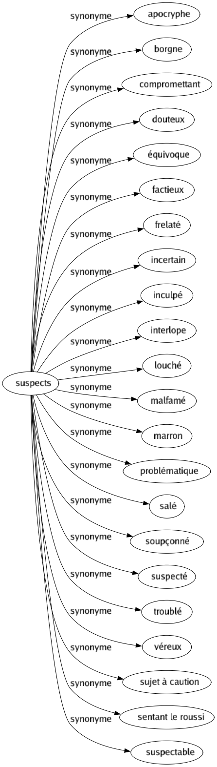 Synonyme de Suspects : Apocryphe Borgne Compromettant Douteux Équivoque Factieux Frelaté Incertain Inculpé Interlope Louché Malfamé Marron Problématique Salé Soupçonné Suspecté Troublé Véreux Sujet à caution Sentant le roussi Suspectable 