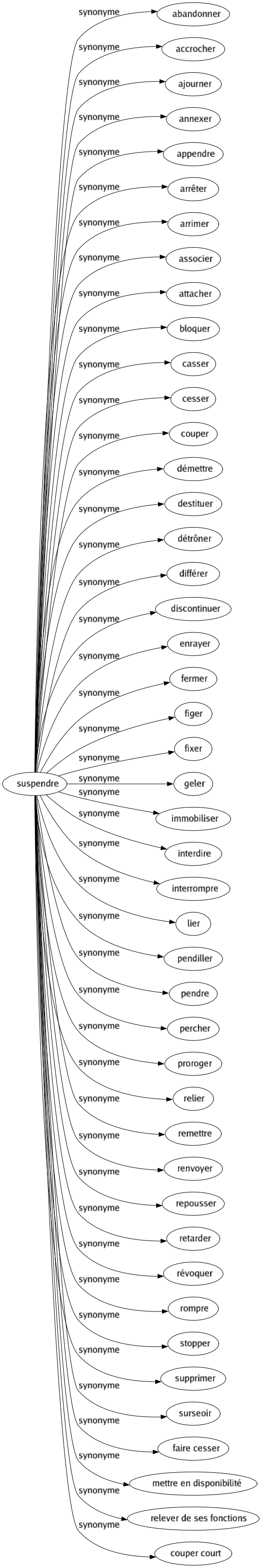 Synonyme de Suspendre : Abandonner Accrocher Ajourner Annexer Appendre Arrêter Arrimer Associer Attacher Bloquer Casser Cesser Couper Démettre Destituer Détrôner Différer Discontinuer Enrayer Fermer Figer Fixer Geler Immobiliser Interdire Interrompre Lier Pendiller Pendre Percher Proroger Relier Remettre Renvoyer Repousser Retarder Révoquer Rompre Stopper Supprimer Surseoir Faire cesser Mettre en disponibilité Relever de ses fonctions Couper court 