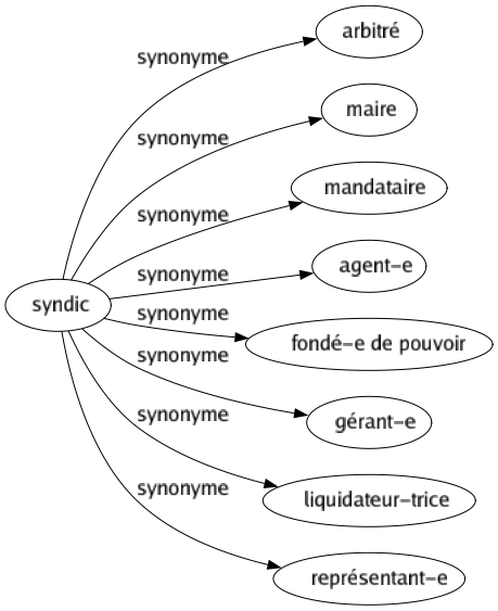 Synonyme de Syndic : Arbitré Maire Mandataire Agent-e Fondé-e de pouvoir Gérant-e Liquidateur-trice Représentant-e 