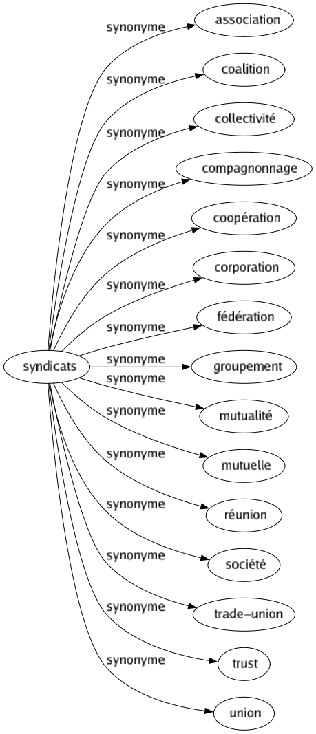 Synonyme de Syndicats : Association Coalition Collectivité Compagnonnage Coopération Corporation Fédération Groupement Mutualité Mutuelle Réunion Société Trade-union Trust Union 