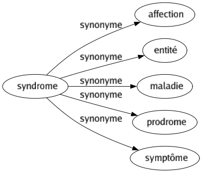 Synonyme de Syndrome : Affection Entité Maladie Prodrome Symptôme 
