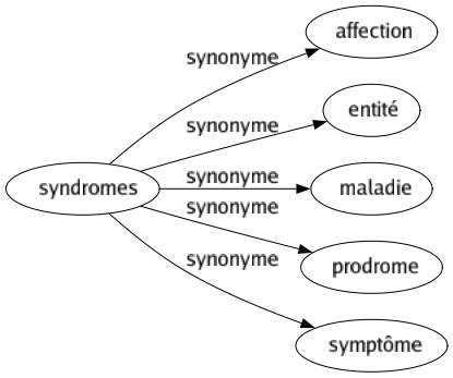 Synonyme de Syndromes : Affection Entité Maladie Prodrome Symptôme 