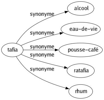 Synonyme de Tafia : Alcool Eau-de-vie Pousse-café Ratafia Rhum 