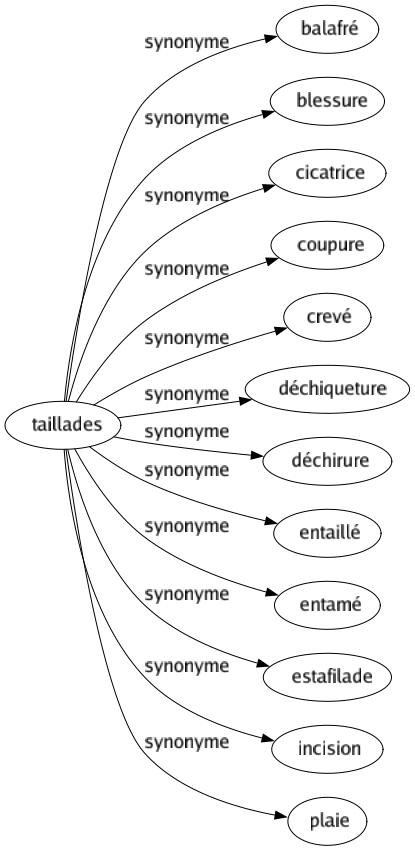 Synonyme de Taillades : Balafré Blessure Cicatrice Coupure Crevé Déchiqueture Déchirure Entaillé Entamé Estafilade Incision Plaie 