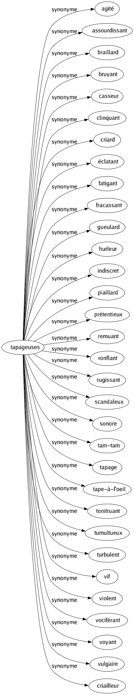 Synonyme de Tapageuses : Agité Assourdissant Braillard Bruyant Casseur Clinquant Criard Éclatant Fatigant Fracassant Gueulard Hurleur Indiscret Piaillard Prétentieux Remuant Ronflant Rugissant Scandaleux Sonore Tam-tam Tapage Tape-à-l'oeil Tonitruant Tumultueux Turbulent Vif Violent Vociférant Voyant Vulgaire Criailleur 