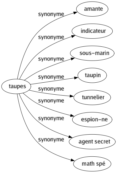 Synonyme de Taupes : Amante Indicateur Sous-marin Taupin Tunnelier Espion-ne Agent secret Math spé 