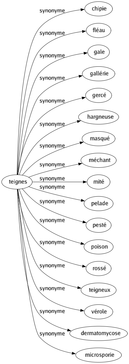 Synonyme de Teignes : Chipie Fléau Gale Gallérie Gercé Hargneuse Masqué Méchant Mité Pelade Pesté Poison Rossé Teigneux Vérole Dermatomycose Microsporie 