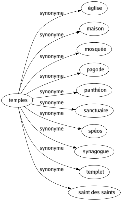 Synonyme de Temples : Église Maison Mosquée Pagode Panthéon Sanctuaire Spéos Synagogue Templet Saint des saints 