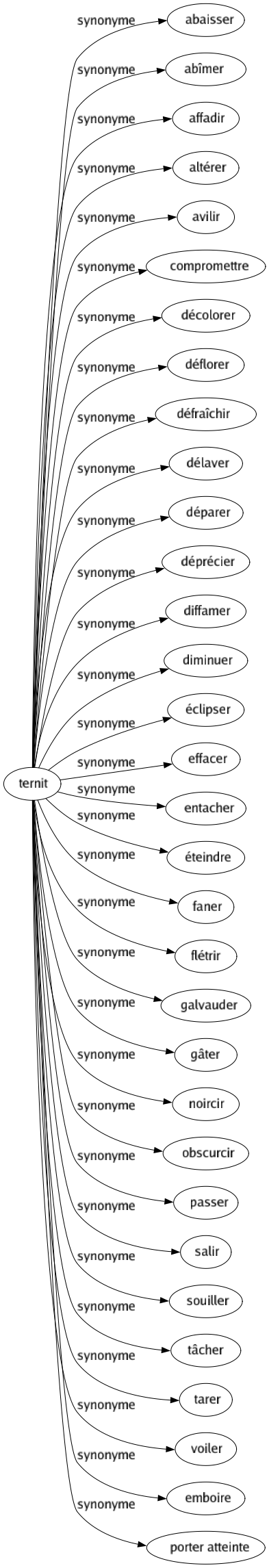 Synonyme de Ternit : Abaisser Abîmer Affadir Altérer Avilir Compromettre Décolorer Déflorer Défraîchir Délaver Déparer Déprécier Diffamer Diminuer Éclipser Effacer Entacher Éteindre Faner Flétrir Galvauder Gâter Noircir Obscurcir Passer Salir Souiller Tâcher Tarer Voiler Emboire Porter atteinte 