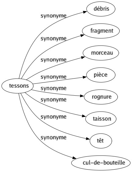 Synonyme de Tessons : Débris Fragment Morceau Pièce Rognure Taisson Têt Cul-de-bouteille 