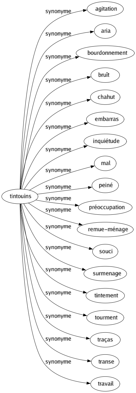 Synonyme de Tintouins : Agitation Aria Bourdonnement Bruît Chahut Embarras Inquiétude Mal Peiné Préoccupation Remue-ménage Souci Surmenage Tintement Tourment Traças Transe Travail 