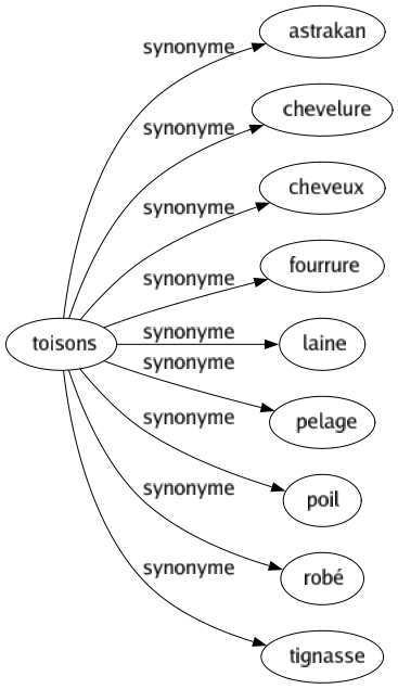 Synonyme de Toisons : Astrakan Chevelure Cheveux Fourrure Laine Pelage Poil Robé Tignasse 