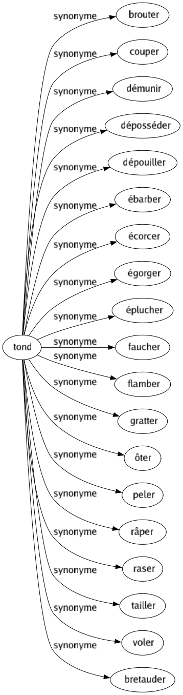 Synonyme de Tond : Brouter Couper Démunir Déposséder Dépouiller Ébarber Écorcer Égorger Éplucher Faucher Flamber Gratter Ôter Peler Râper Raser Tailler Voler Bretauder 