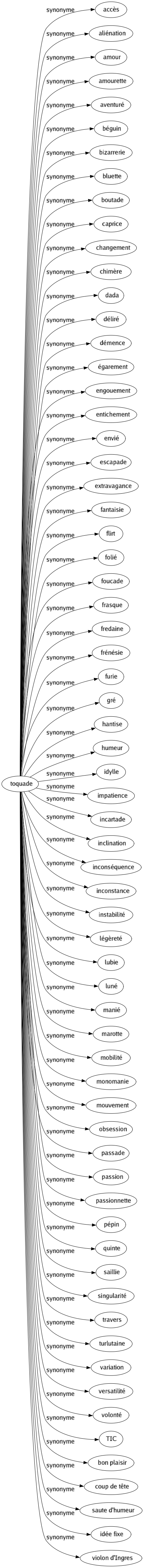 Synonyme de Toquade : Accès Aliénation Amour Amourette Aventuré Béguin Bizarrerie Bluette Boutade Caprice Changement Chimère Dada Déliré Démence Égarement Engouement Entichement Envié Escapade Extravagance Fantaisie Flirt Folié Foucade Frasque Fredaine Frénésie Furie Gré Hantise Humeur Idylle Impatience Incartade Inclination Inconséquence Inconstance Instabilité Légèreté Lubie Luné Manié Marotte Mobilité Monomanie Mouvement Obsession Passade Passion Passionnette Pépin Quinte Saillie Singularité Travers Turlutaine Variation Versatilité Volonté Tic Bon plaisir Coup de tête Saute d'humeur Idée fixe Violon d'ingres 