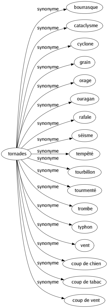 Synonyme de Tornades : Bourrasque Cataclysme Cyclone Grain Orage Ouragan Rafale Séisme Tempêté Tourbillon Tourmenté Trombe Typhon Vent Coup de chien Coup de tabac Coup de vent 