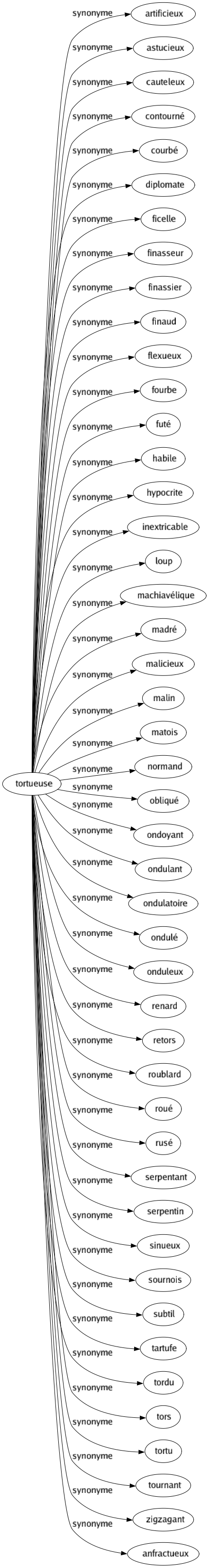 Synonyme de Tortueuse : Artificieux Astucieux Cauteleux Contourné Courbé Diplomate Ficelle Finasseur Finassier Finaud Flexueux Fourbe Futé Habile Hypocrite Inextricable Loup Machiavélique Madré Malicieux Malin Matois Normand Obliqué Ondoyant Ondulant Ondulatoire Ondulé Onduleux Renard Retors Roublard Roué Rusé Serpentant Serpentin Sinueux Sournois Subtil Tartufe Tordu Tors Tortu Tournant Zigzagant Anfractueux 