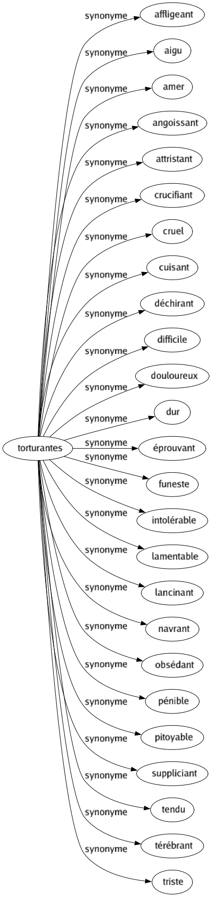 Synonyme de Torturantes : Affligeant Aigu Amer Angoissant Attristant Crucifiant Cruel Cuisant Déchirant Difficile Douloureux Dur Éprouvant Funeste Intolérable Lamentable Lancinant Navrant Obsédant Pénible Pitoyable Suppliciant Tendu Térébrant Triste 