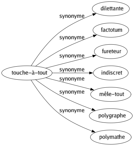 Synonyme de Touche-à-tout : Dilettante Factotum Fureteur Indiscret Mêle-tout Polygraphe Polymathe 