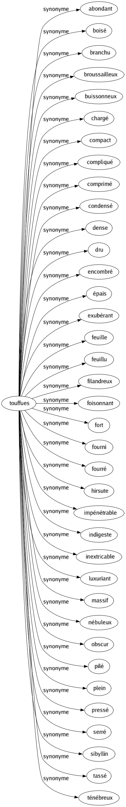 Synonyme de Touffues : Abondant Boisé Branchu Broussailleux Buissonneux Chargé Compact Compliqué Comprimé Condensé Dense Dru Encombré Épais Exubérant Feuille Feuillu Filandreux Foisonnant Fort Fourni Fourré Hirsute Impénétrable Indigeste Inextricable Luxuriant Massif Nébuleux Obscur Pilé Plein Pressé Serré Sibyllin Tassé Ténébreux 