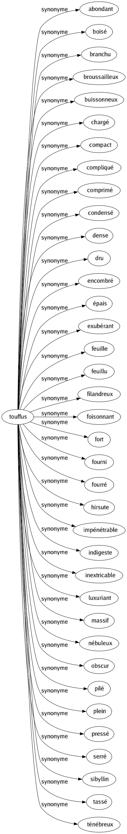 Synonyme de Touffus : Abondant Boisé Branchu Broussailleux Buissonneux Chargé Compact Compliqué Comprimé Condensé Dense Dru Encombré Épais Exubérant Feuille Feuillu Filandreux Foisonnant Fort Fourni Fourré Hirsute Impénétrable Indigeste Inextricable Luxuriant Massif Nébuleux Obscur Pilé Plein Pressé Serré Sibyllin Tassé Ténébreux 