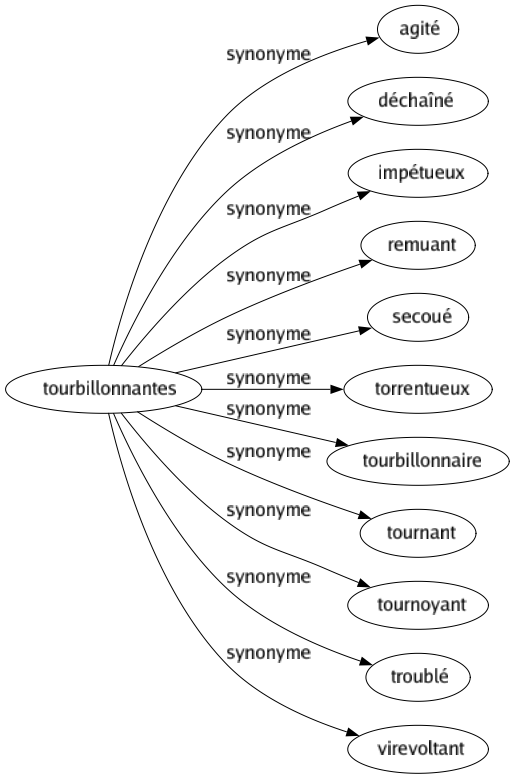 Synonyme de Tourbillonnantes : Agité Déchaîné Impétueux Remuant Secoué Torrentueux Tourbillonnaire Tournant Tournoyant Troublé Virevoltant 