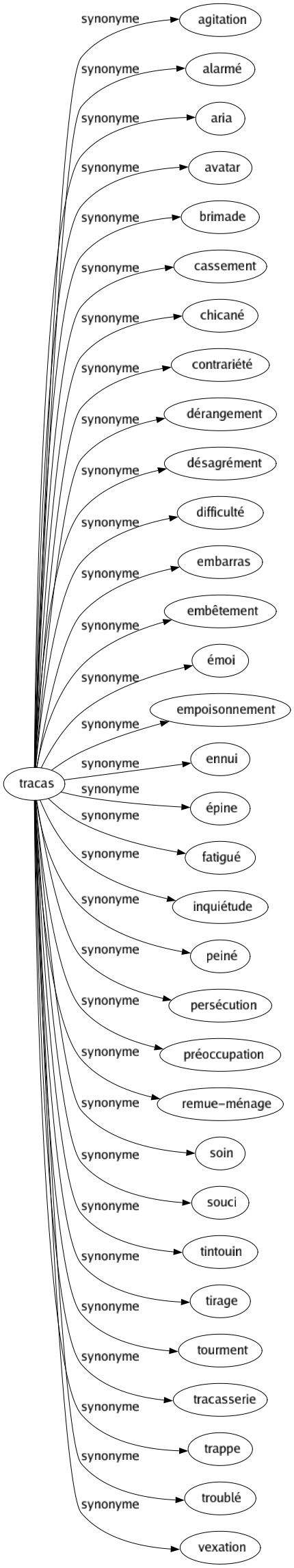 Synonyme de Tracas : Agitation Alarmé Aria Avatar Brimade Cassement Chicané Contrariété Dérangement Désagrément Difficulté Embarras Embêtement Émoi Empoisonnement Ennui Épine Fatigué Inquiétude Peiné Persécution Préoccupation Remue-ménage Soin Souci Tintouin Tirage Tourment Tracasserie Trappe Troublé Vexation 