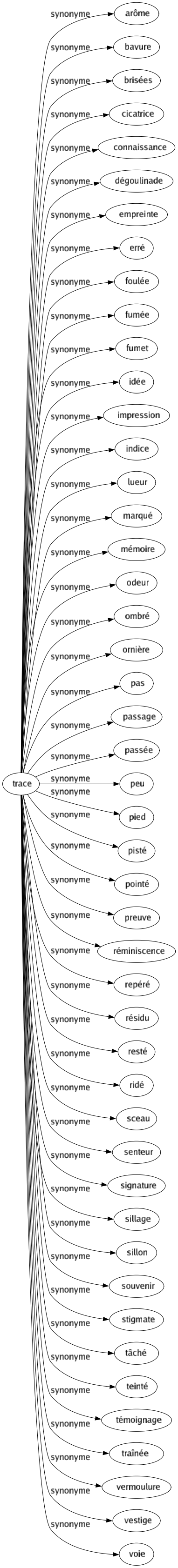 Synonyme de Trace : Arôme Bavure Brisées Cicatrice Connaissance Dégoulinade Empreinte Erré Foulée Fumée Fumet Idée Impression Indice Lueur Marqué Mémoire Odeur Ombré Ornière Pas Passage Passée Peu Pied Pisté Pointé Preuve Réminiscence Repéré Résidu Resté Ridé Sceau Senteur Signature Sillage Sillon Souvenir Stigmate Tâché Teinté Témoignage Traînée Vermoulure Vestige Voie 