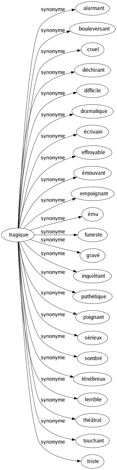 Synonyme de Tragique : Alarmant Bouleversant Cruel Déchirant Difficile Dramatique Écrivain Effroyable Émouvant Empoignant Ému Funeste Gravé Inquiétant Pathétique Poignant Sérieux Sombré Ténébreux Terrible Théâtral Touchant Triste 